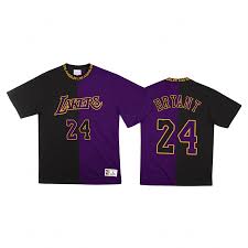 All black with gold trim, purple lettering and numbering. Lakers Custom 00 Split Purple Black Mitchell Ness T Shirt