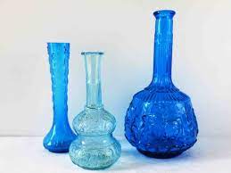 Set Of 3 Vintage Turquoise Glass Vases