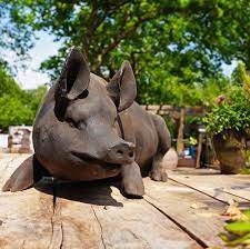 Cast Iron Laying Sow Pig Statue Round