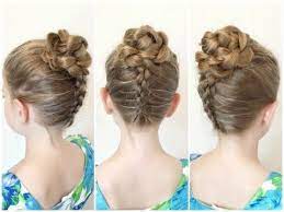 Double braided updo for medium hair via. 3d Flower Updo Girls Updo Hairstyles Little Girl Updo Kids Updo Hairstyles