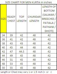 Size Chart For This Men Kurta And Bottom Set