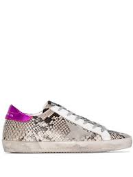 Superstar Distressed Snake Effect Leather And Suede Sneakers In Light Gray