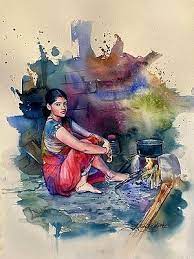 Rural Indian Woman Cooking Watercolor