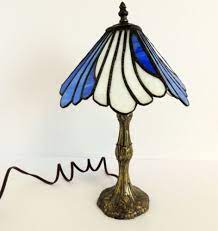 Vintage Stained Glass Lamp Blue White