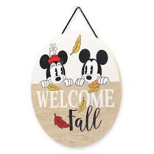 Disney Mickey Minnie Mouse Welcome Fall Round Hanging Wood Wall Decor