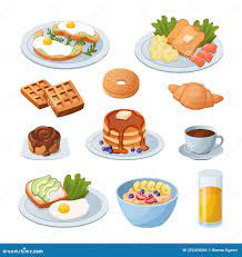 утренняя еда. мультяшный завтрак. бокал сока и тост с яичницей. чашка кофе  или чашка Иллюстрация вектора - иллюстрации насчитывающей десерт, кухня:  222434201