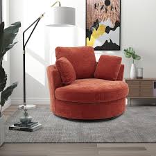 42 2 In W Terracotta Chenille Swivel Accent Barrel Chair Oversized Arm Chair With 3 Pillows
