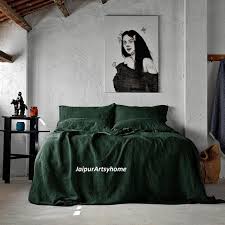 Forest Green Linen Duvet Cover With