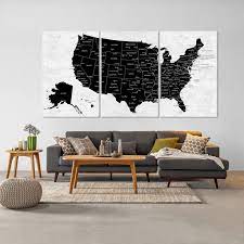 Us Map Canvas Wall Art Black White