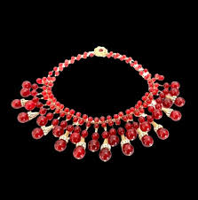 1950 S Red French Glass Dangle Collar Necklace Red Glass Beads Ribbed Gold Tone Bead Caps Clear Rondelle Statement Necklace Gift For Her