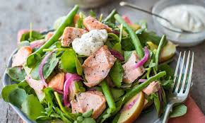 Add color with a sprinkling of chopped parsley and serve with bagel chips. Hot Smoked Salmon And Watercress Salad With Apple Green Beans And Creme Fraiche Recipe Hello