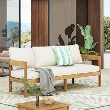 brooklyn outdoor acacia wood 3 seater sofa with cushions teak and beige