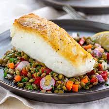 pan roasted halibut with lentil salad