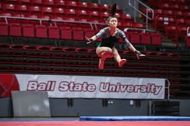 pendleton heights gymnast candra zehr petes on the floor exercise during gymnastics state finals at the worthen arena on the ball state university