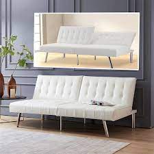 Homestock White Faux Leather Tufted Split Back Futon Sofa Bed Couch Bed Futon Convertible Sofa Bed With Metal Legs