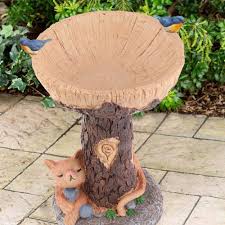 Tree Stump Cat Statue Bird Feeder Resin