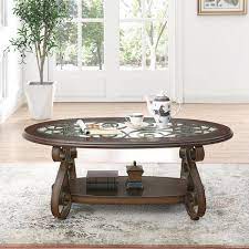 Tatahance 52 5 In Dark Brown Oval Glass Top Coffee Table With Iron Legs