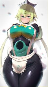 tsukunendo, emera (bombergirl), bombergirl, highres, 1girl, android, apron,  blue eyes, blush, bodysuit, breasts, curvy, expressionless, green hair,  groin, impossible bodysuit, impossible clothes, large breasts, looking at  viewer, maid headdress, robot 