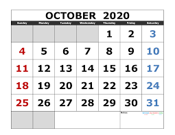 October 2020 Printable Calendar Template Excel Pdf Image