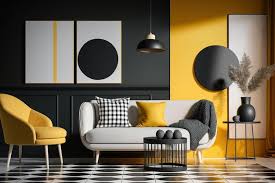 checd floor a yellow sofa paired