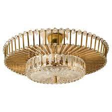 Large Brass And Crystal Flush Mount By