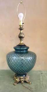 blue glass table lamp hollywood regency