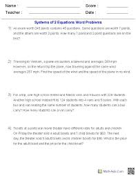 Algebra 2 Worksheets Systems Of