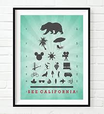 See California Eye Chart Parody Art Print Republic Bear Palm Tree Umbrella Disney Hollywood Sun Golden Gate Wine Country Wall Home Decor Poster
