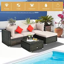 rattan 5 piece outdoor sectional patio set with beige cushions