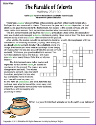 This collection of coloring pages depict scenes of the the parable stories that jesus told. The Parable Of The Talents Crossword Kids Korner Biblewise