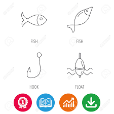 Fishing Hook And Float Icons Fish Linear Sign Award Medal