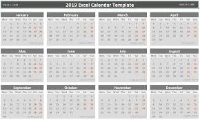 2019 Excel Calendar Temaplate Download Free Printable