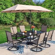 Phi Villa Black 8 Piece Metal Patio Outdoor Dining Set With Slat Rectangle Table Textilene Swivel Chairs And Beige Umbrella
