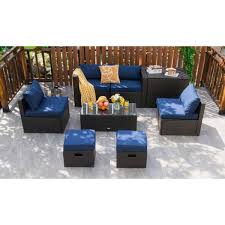 Clihome 8 Piece Wicker Patio Conversation Set Space Saving Furniture Set With Navy Cushions Storage Box And Waterproof Cover