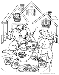 A perfect gentle and friendly etiquette teaching tool, tea parties is a great gift for your little hostess! Cat Teaparty Color Page Free Printable Coloring Sheets For Kids Coloring Pages Cute Coloring Pages Free Coloring Pages
