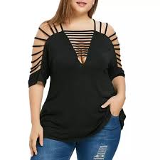 Fashion Womens Plus Size Hollow Out V Neck Cut Out Strappy T Shirt Tops Blouse Casual Loose Basic Tops Blouse