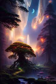 amazing a beautiful fantastic luminous tree standing out amidst the dark  fantasy planet at night" - Playground