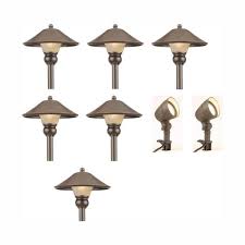 Hampton Bay Low Voltage Bronze Outdoor Integrated Led Landscape Path Light And Flood Light Kit 8 Pack Iwv6628l The Home Depot