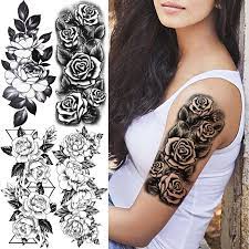 Tatouage temporaire 3D Rose noir pour femme et fille adulte, faux tatouage,  pivoine géométrique, cuisse, imperméable, demi manche | AliExpress