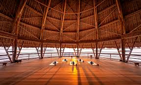 weaved bamboo roofs enclose pavilions