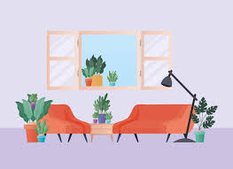 orange couch and armchair with plants