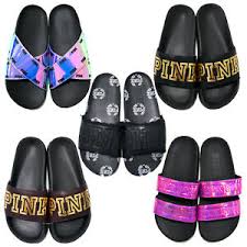 Details About Victorias Secret Pink Slides Slip On Sandals Metallic Graphic Flip Flops New Vs