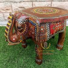 Wood Elephant Stool Indian Hand Carving