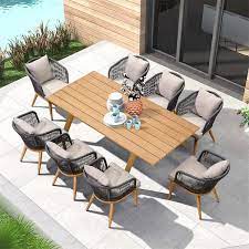 Purple Leaf Teak Finish 9 Piece Wicker Aluminum Frame Rectangular Table Outdoor Dining Set And Pillows With Gray Cushions