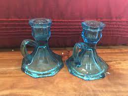 vtg 2 aqua blue glass handled candle