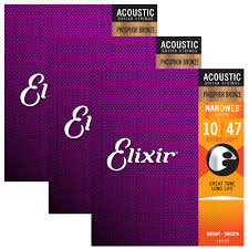 Elixir 3 Pack 16002 Nanoweb Phosphor Bronze Extra Light Acoustic Guitar Strings 10 47 Guitar Strings Accessories