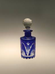 Bohemian Czech Art Deco Glass Perfume Bottle Flacon Blue Cut To Clear With Crystal Stopper