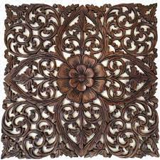Square Wood Carved Wall Art Asian Home