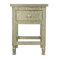 White Metal Embossed Bedside Table