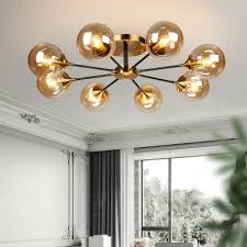 Glass Orb Semi Flush Light With Radial Design Mid Century Ceiling Light Fixture In Brass Susuohome Com